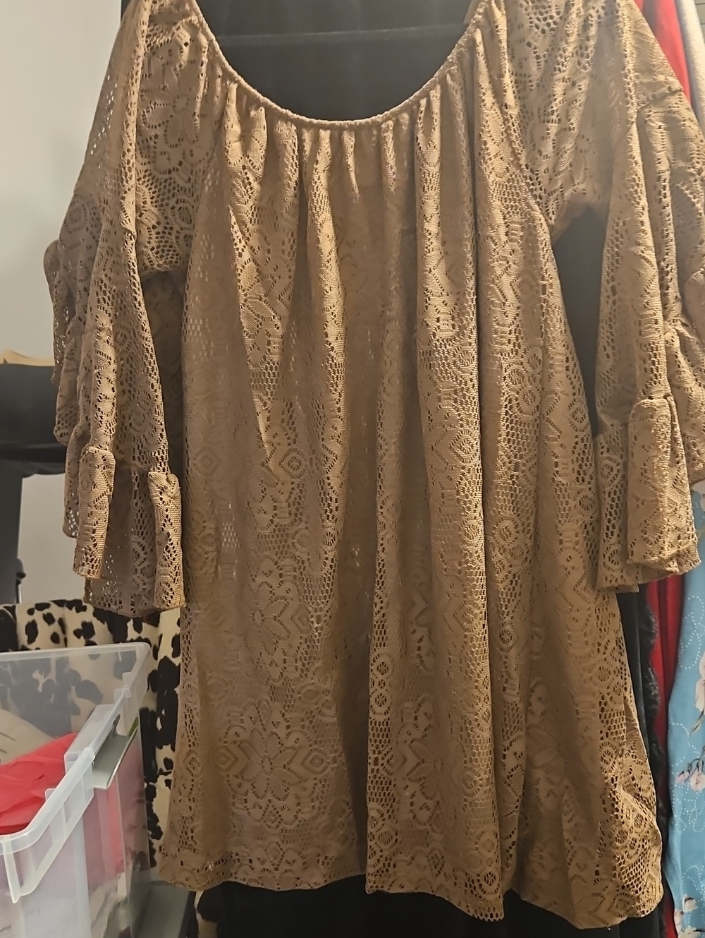 2tee Couture Brown Lace Bell-Sleeve Mini Dress